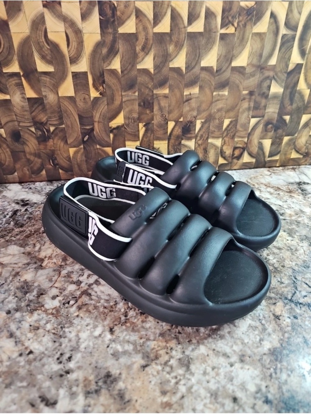 UGG Black Padded Strap Slide Sandals with Branded Heel